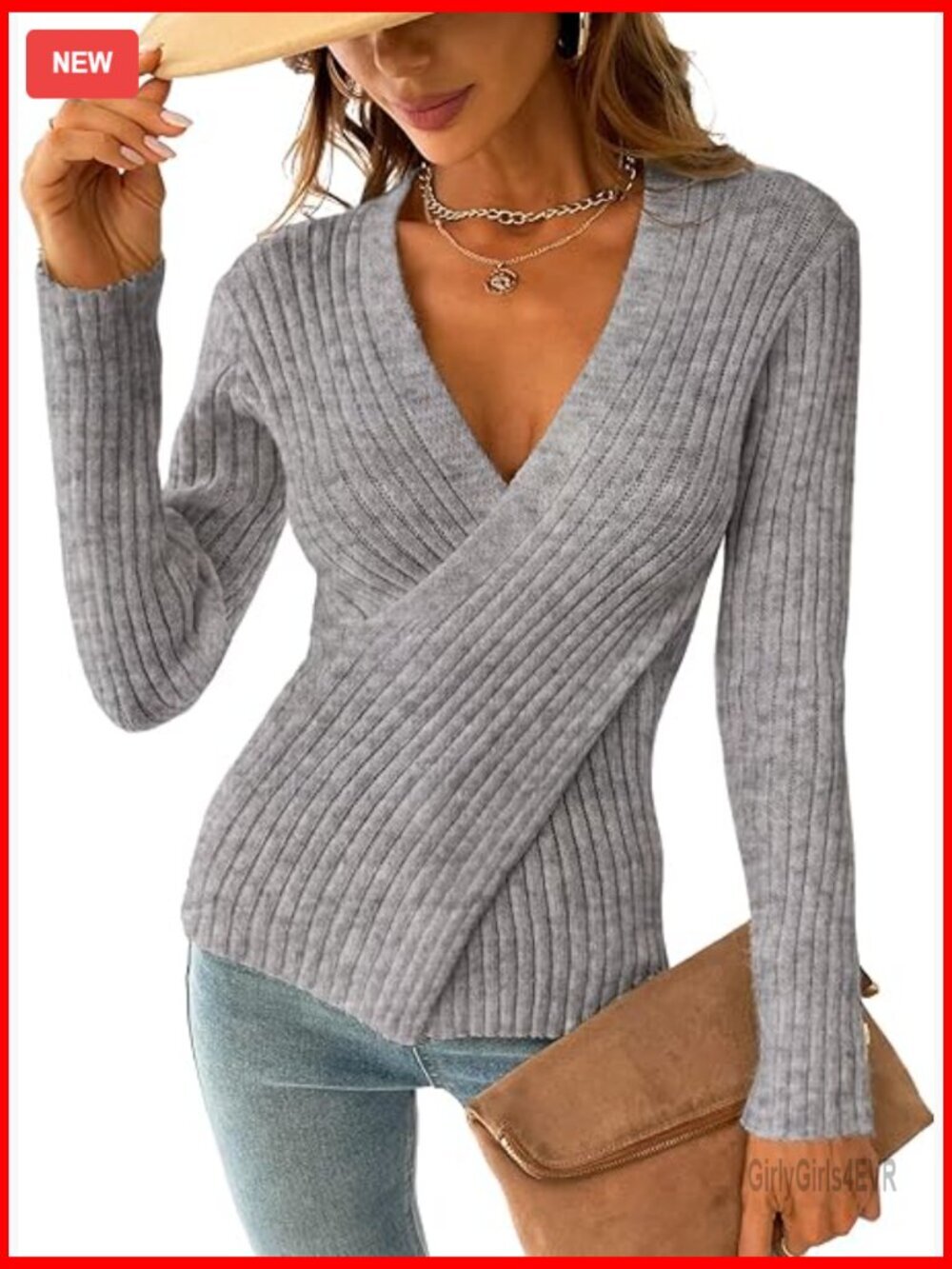 Women's Ribbed Knit Surplice Wrap V-Neck Pullover Sweater